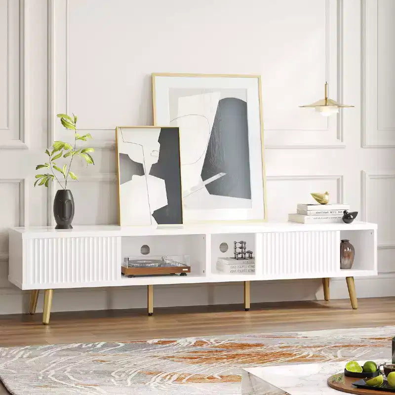 Bestier 71 Modern TV Stand for 75/80 inch TV with Fluted Sliding Doors, High Gloss Entertainment Center with Storage for Living Room, Cord Management