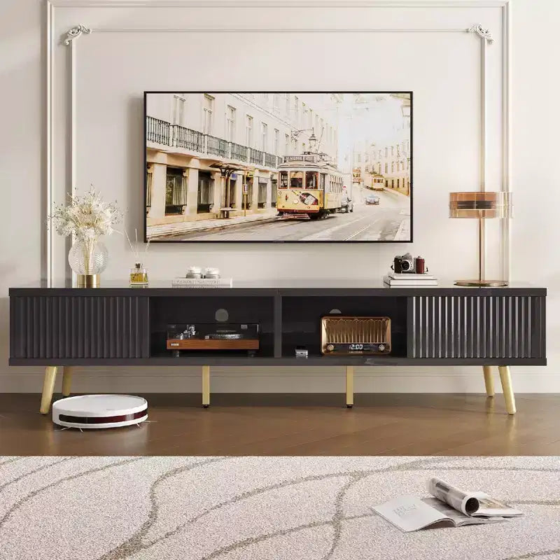 Bestier 71 Modern TV Stand for 75/80 inch TV with Fluted Sliding Doors, High Gloss Entertainment Center with Storage for Living Room, Cord Management