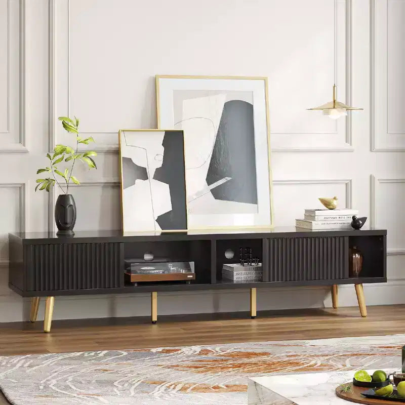 Bestier 71 Modern TV Stand for 75/80 inch TV with Fluted Sliding Doors, High Gloss Entertainment Center with Storage for Living Room, Cord Management