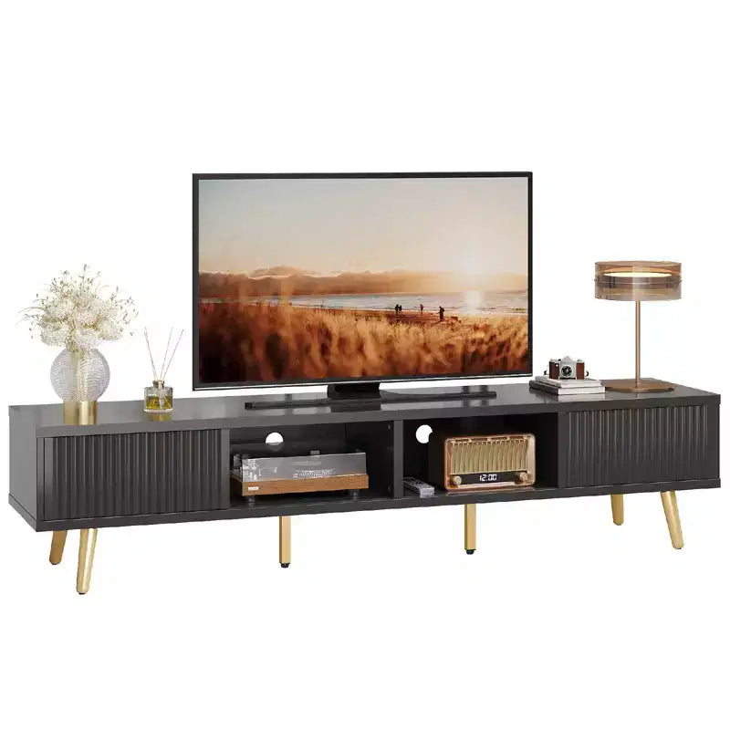 Bestier 71 Modern TV Stand for 75/80 inch TV with Fluted Sliding Doors, High Gloss Entertainment Center with Storage for Living Room, Cord Management