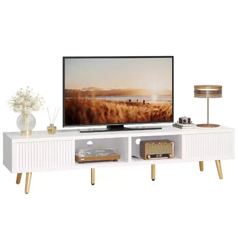 Bestier 71 Modern TV Stand for 75/80 inch TV with Fluted Sliding Doors, High Gloss Entertainment Center with Storage for Living Room, Cord Management