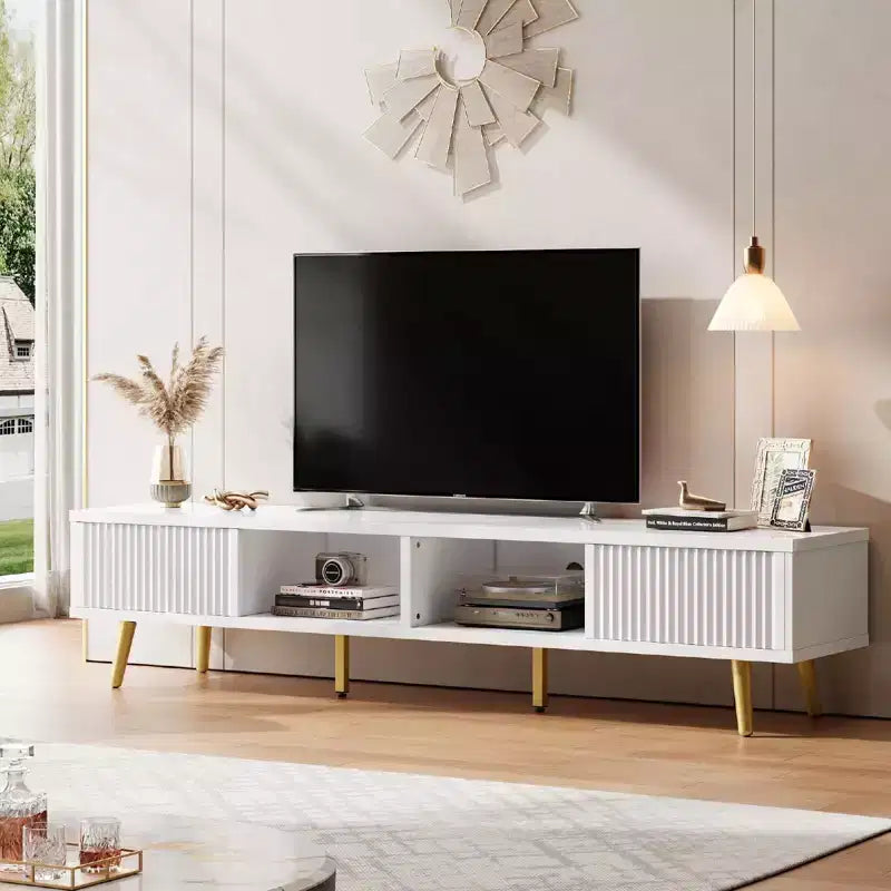 Bestier 71 Modern TV Stand for 75/80 inch TV with Fluted Sliding Doors, High Gloss Entertainment Center with Storage for Living Room, Cord Management