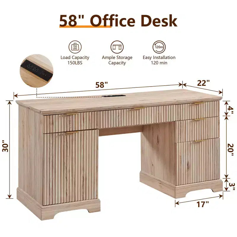 SinCiDo 58 Desk,Modern Grooved Computer Writing Desk,w/ 5 Drawers and 1 Adjustable Storage Cabinet,Desk for Study and Bedroom
