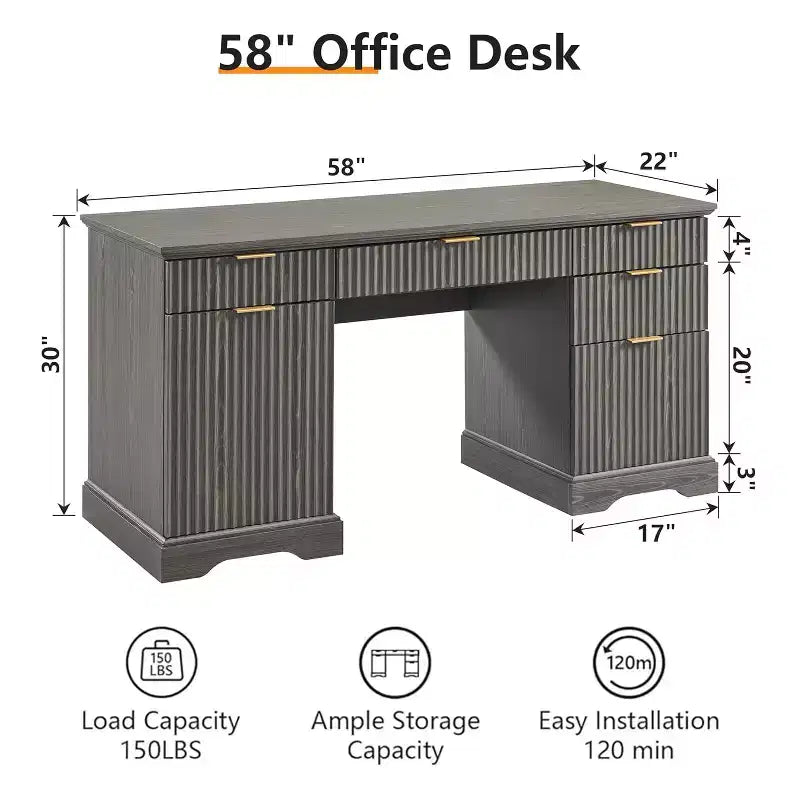 SinCiDo 58 Desk,Modern Grooved Computer Writing Desk,w/ 5 Drawers and 1 Adjustable Storage Cabinet,Desk for Study and Bedroom