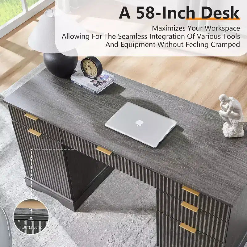 SinCiDo 58 Desk,Modern Grooved Computer Writing Desk,w/ 5 Drawers and 1 Adjustable Storage Cabinet,Desk for Study and Bedroom