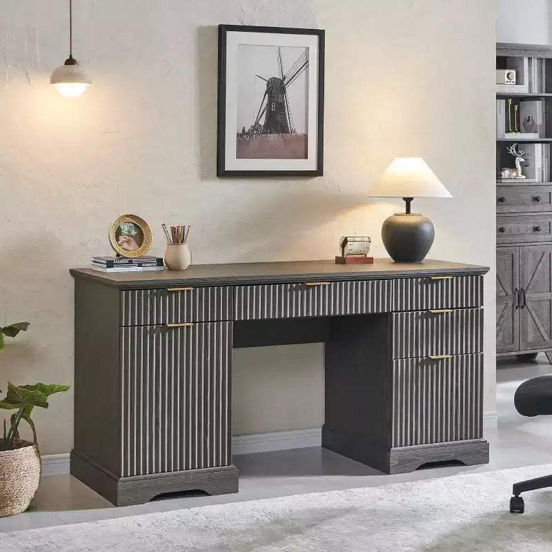SinCiDo 58 Desk,Modern Grooved Computer Writing Desk,w/ 5 Drawers and 1 Adjustable Storage Cabinet,Desk for Study and Bedroom