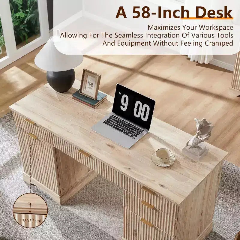 SinCiDo 58 Desk,Modern Grooved Computer Writing Desk,w/ 5 Drawers and 1 Adjustable Storage Cabinet,Desk for Study and Bedroom