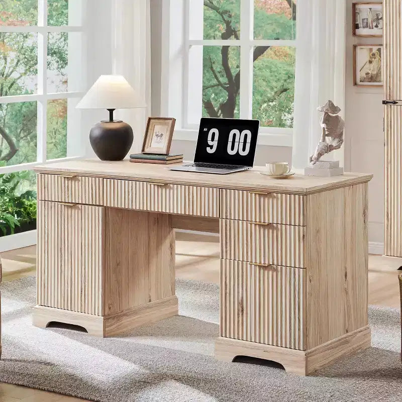 SinCiDo 58 Desk,Modern Grooved Computer Writing Desk,w/ 5 Drawers and 1 Adjustable Storage Cabinet,Desk for Study and Bedroom