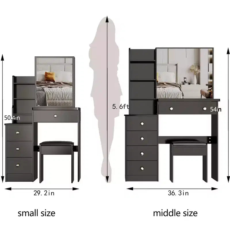 Okak Vanity Table and Chair Set, 29.2 Small Left Bedside Cabinet Vanity Table with Extra Large Touch Control Sliding LED Mirror, Black