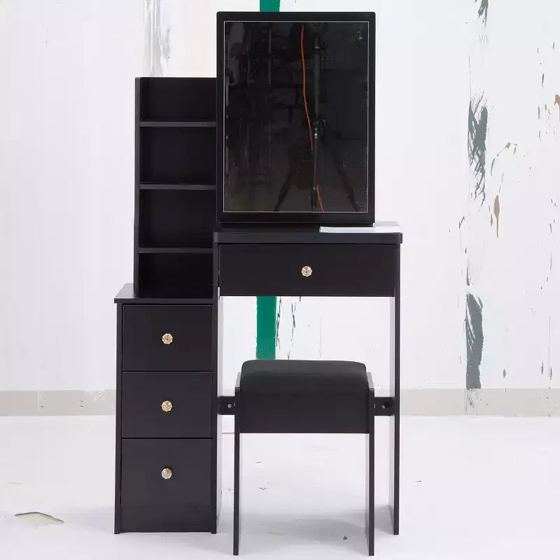 Okak Vanity Table and Chair Set, 29.2 Small Left Bedside Cabinet Vanity Table with Extra Large Touch Control Sliding LED Mirror, Black