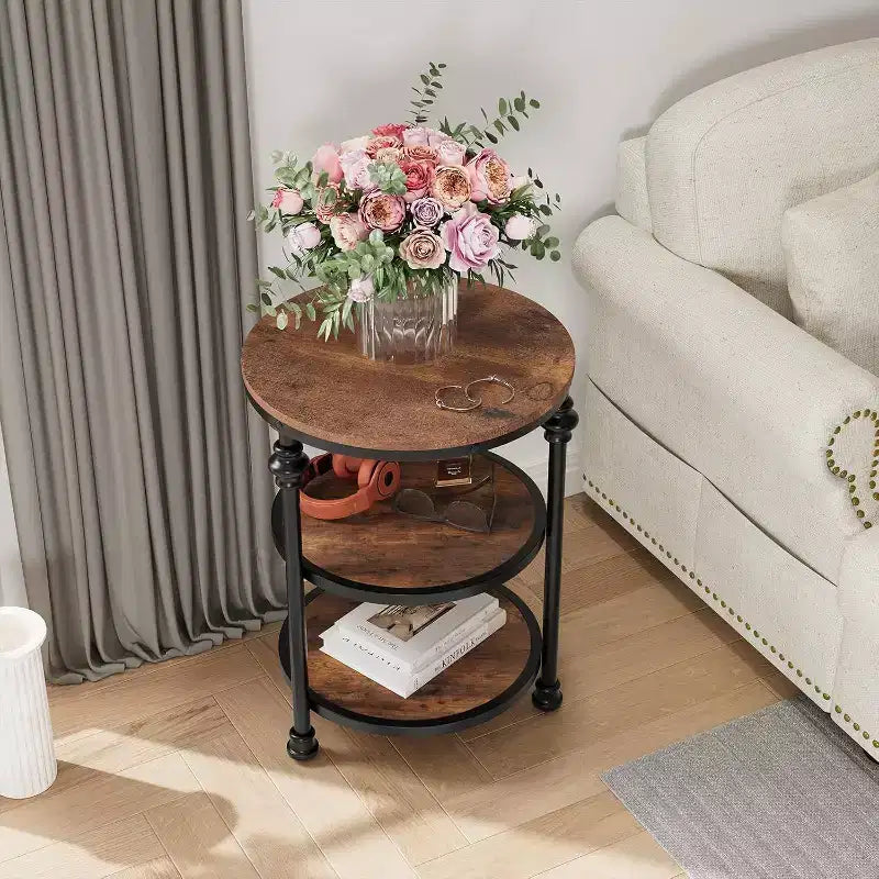 Acekool 3-Tier Round End Table with Metal Frame, Rustic Bedside Table for Living Room & Bedroom, Industrial Design