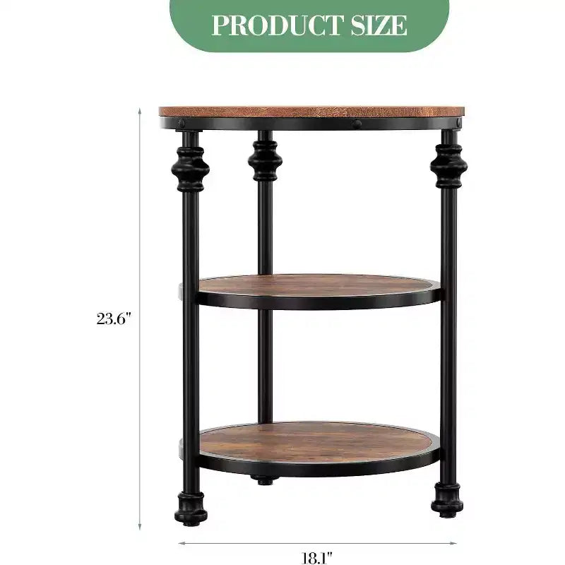Acekool 3-Tier Round End Table with Metal Frame, Rustic Bedside Table for Living Room & Bedroom, Industrial Design