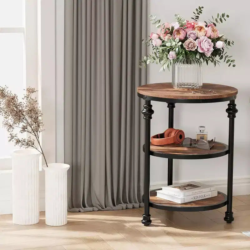Acekool 3-Tier Round End Table with Metal Frame, Rustic Bedside Table for Living Room & Bedroom, Industrial Design