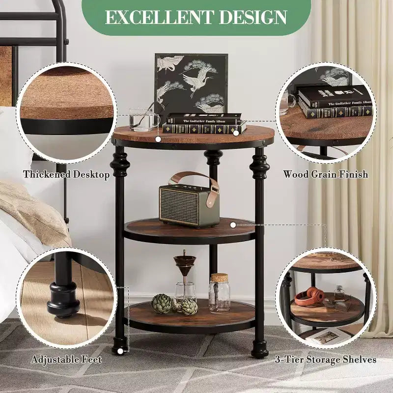 Acekool 3-Tier Round End Table with Metal Frame, Rustic Bedside Table for Living Room & Bedroom, Industrial Design