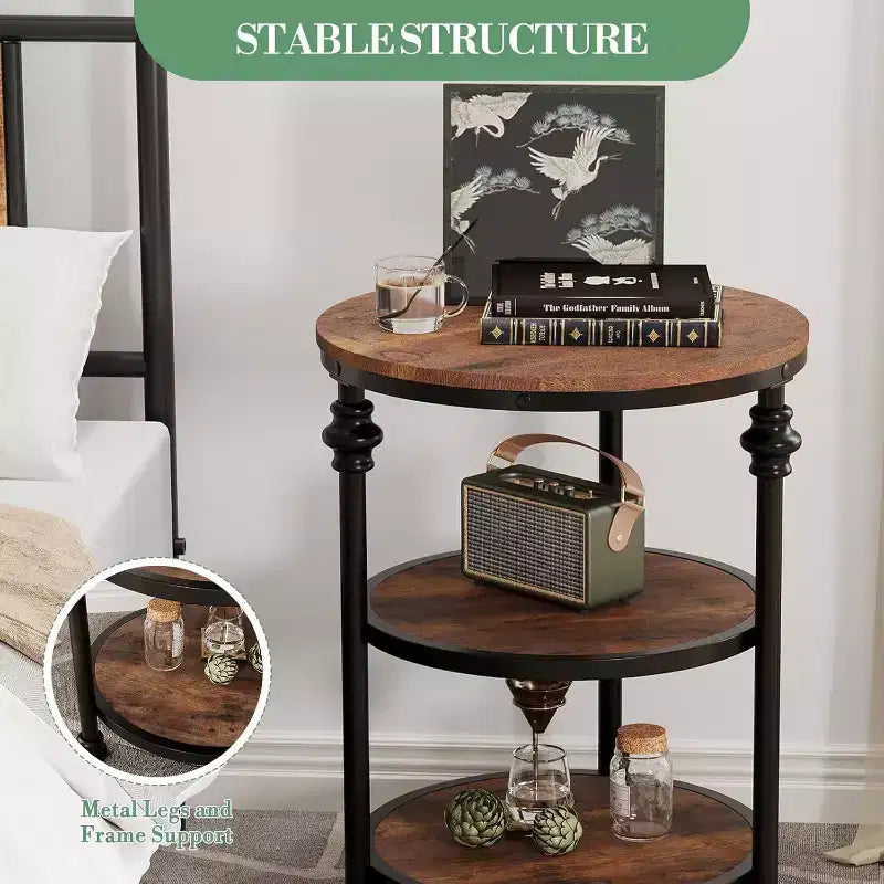 Acekool 3-Tier Round End Table with Metal Frame, Rustic Bedside Table for Living Room & Bedroom, Industrial Design