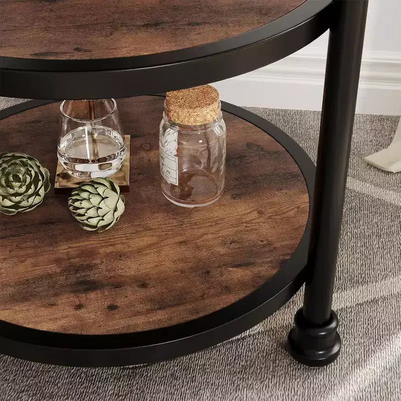 Acekool 3-Tier Round End Table with Metal Frame, Rustic Bedside Table for Living Room & Bedroom, Industrial Design