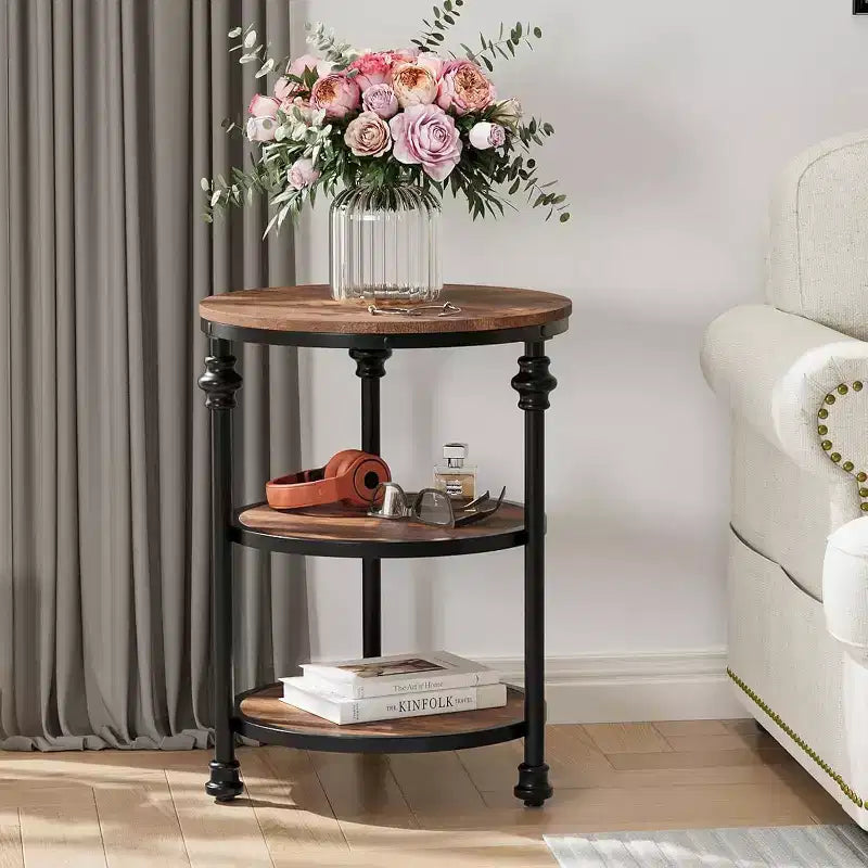 Acekool 3-Tier Round End Table with Metal Frame, Rustic Bedside Table for Living Room & Bedroom, Industrial Design