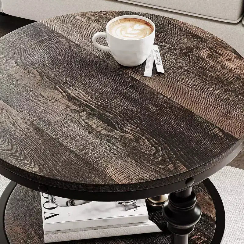 Acekool 3-Tier Round End Table with Metal Frame, Rustic Bedside Table for Living Room & Bedroom, Industrial Design