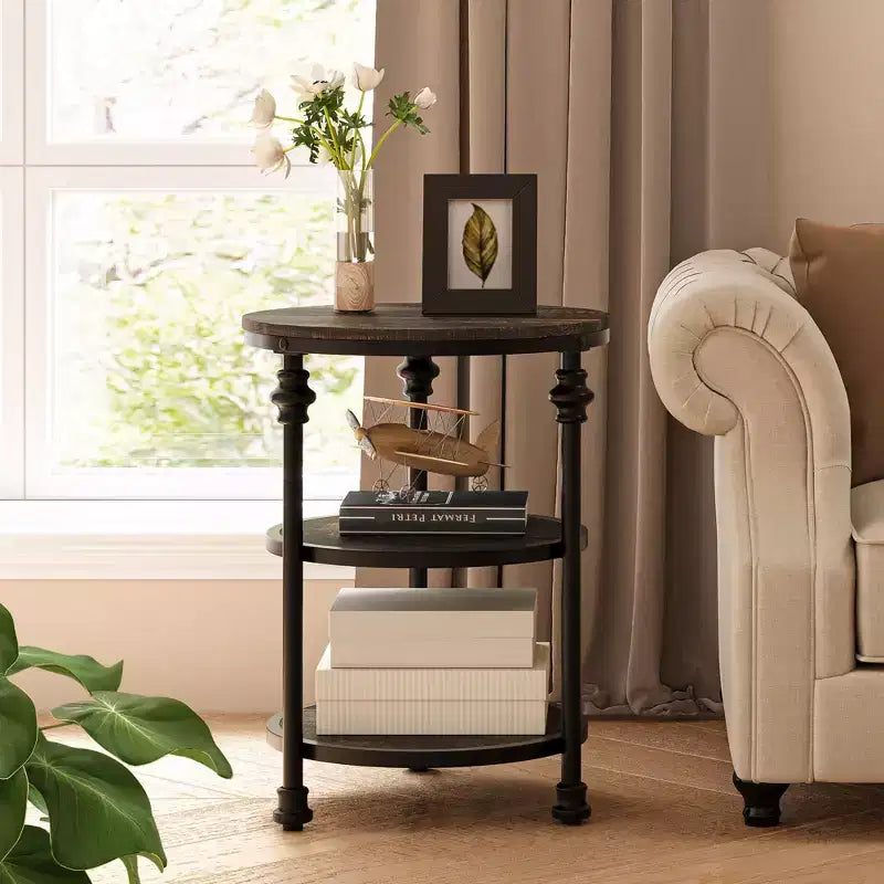 Acekool 3-Tier Round End Table with Metal Frame, Rustic Bedside Table for Living Room & Bedroom, Industrial Design