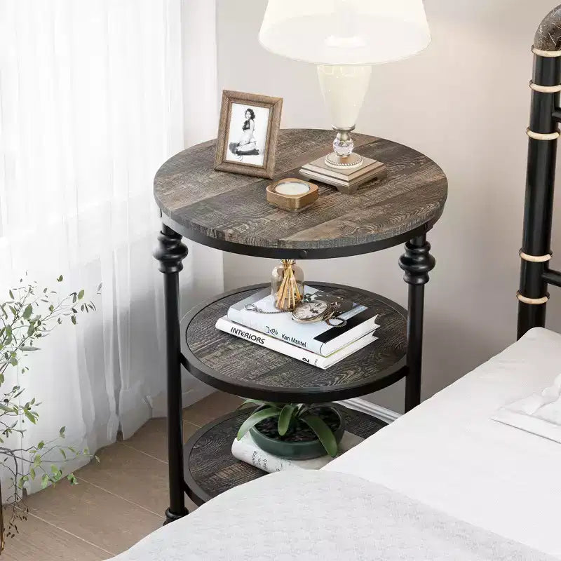 Acekool 3-Tier Round End Table with Metal Frame, Rustic Bedside Table for Living Room & Bedroom, Industrial Design