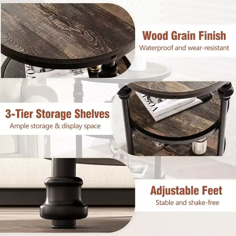 Acekool 3-Tier Round End Table with Metal Frame, Rustic Bedside Table for Living Room & Bedroom, Industrial Design