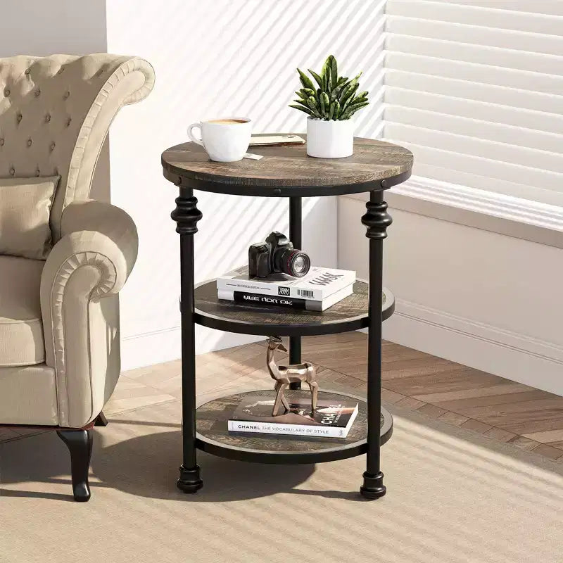 Acekool 3-Tier Round End Table with Metal Frame, Rustic Bedside Table for Living Room & Bedroom, Industrial Design