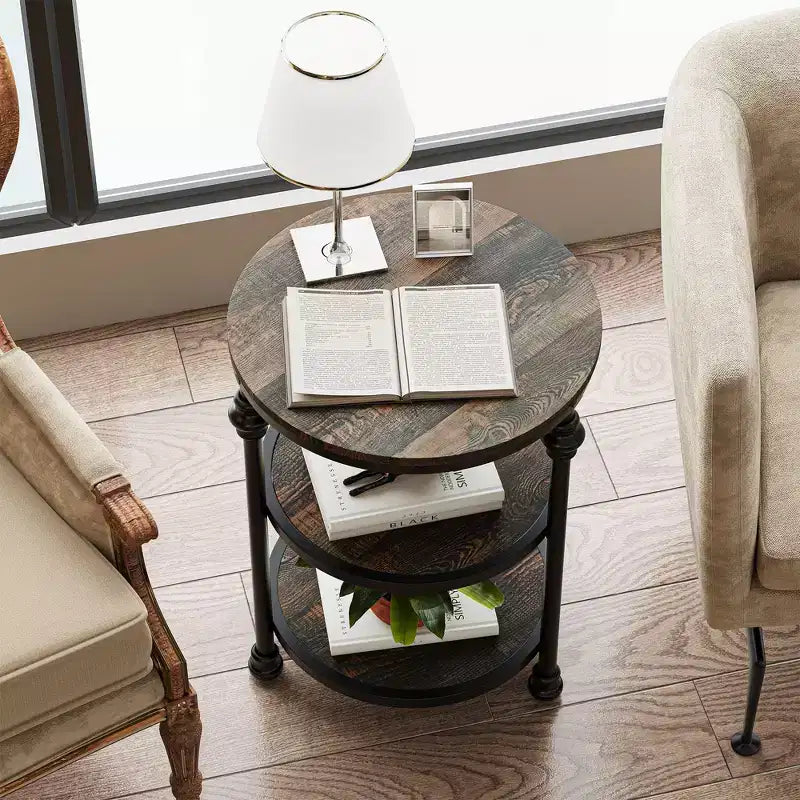 Acekool 3-Tier Round End Table with Metal Frame, Rustic Bedside Table for Living Room & Bedroom, Industrial Design