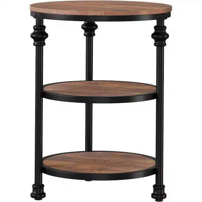 Acekool 3-Tier Round End Table with Metal Frame, Rustic Bedside Table for Living Room & Bedroom, Industrial Design