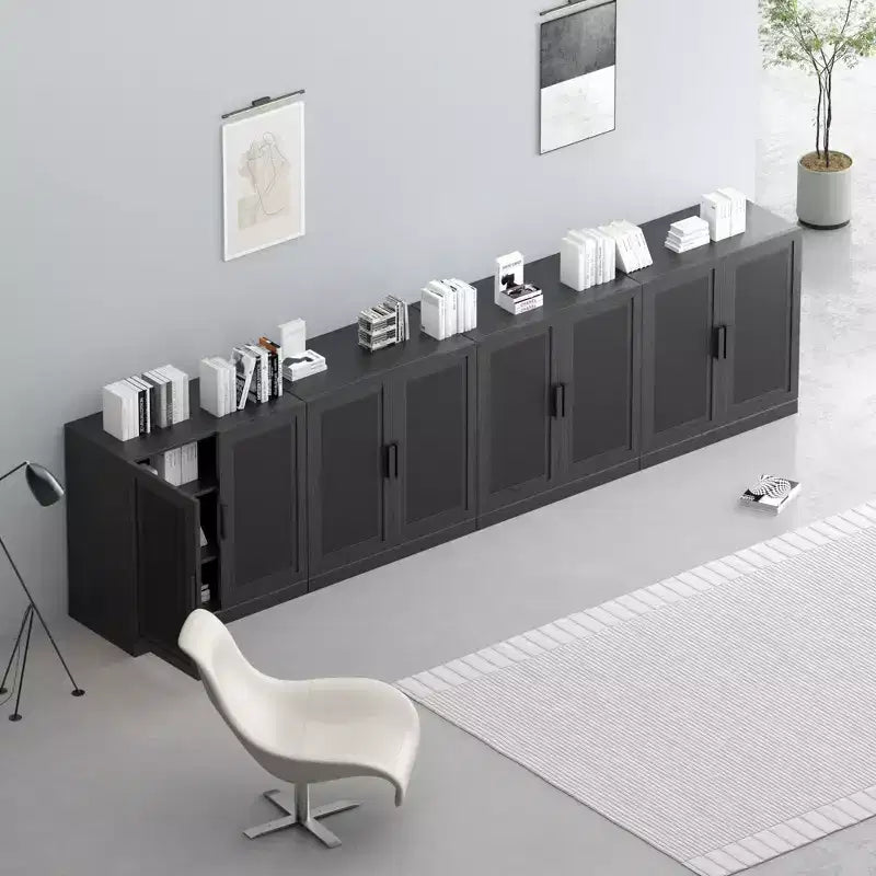 31x124x16 Wood Grain Buffet Cabinet in Black, Storage Organizer with Adjustable Shelves and Rattan Doors for Kitchen Bedroom Living/Dinning Room