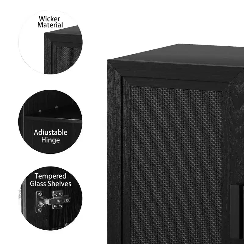 31x124x16 Wood Grain Buffet Cabinet in Black, Storage Organizer with Adjustable Shelves and Rattan Doors for Kitchen Bedroom Living/Dinning Room