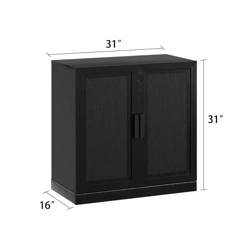 31x124x16 Wood Grain Buffet Cabinet in Black, Storage Organizer with Adjustable Shelves and Rattan Doors for Kitchen Bedroom Living/Dinning Room