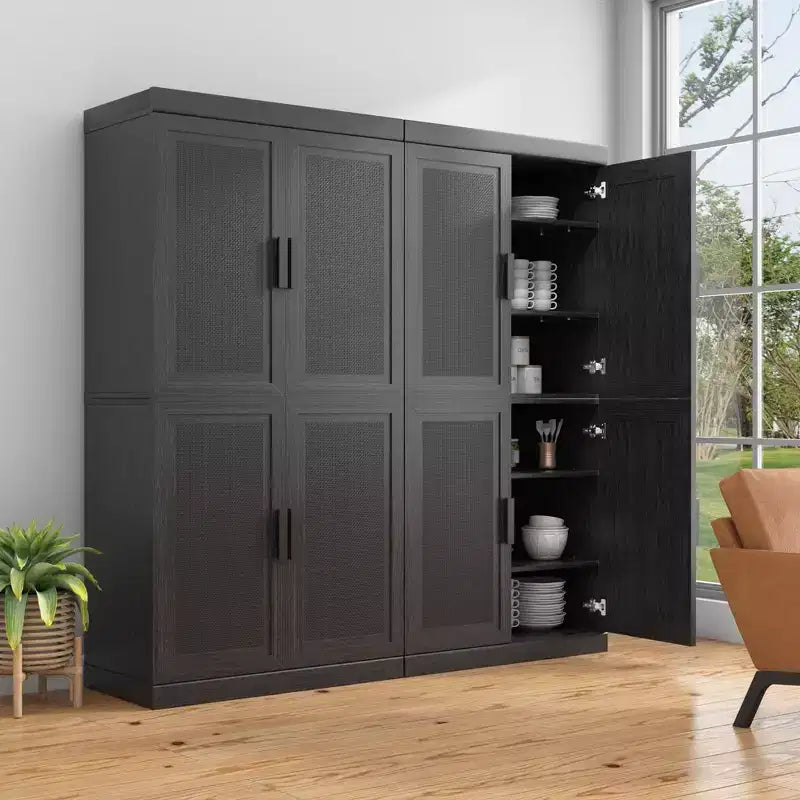 31x124x16 Wood Grain Buffet Cabinet in Black, Storage Organizer with Adjustable Shelves and Rattan Doors for Kitchen Bedroom Living/Dinning Room