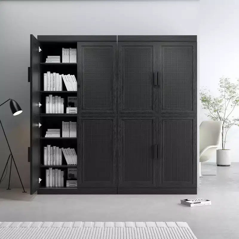 31x124x16 Wood Grain Buffet Cabinet in Black, Storage Organizer with Adjustable Shelves and Rattan Doors for Kitchen Bedroom Living/Dinning Room