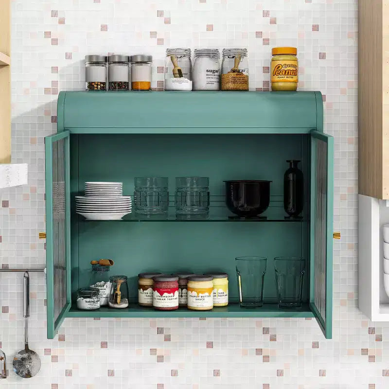 Chic Crate-Army Green 2-Door Wall-Mounted Metal Cabinet  Tempered Glass Shelves | Multi-Room | Bath, Kitchen, Office