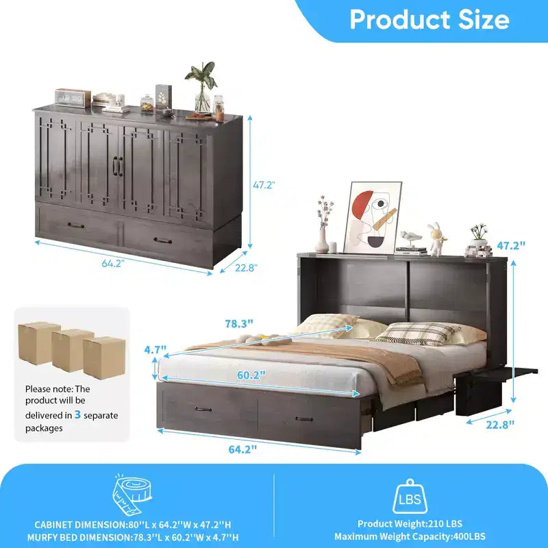 Mjkone Queen Murphy Bed with Mattress,Foldable Space-Saving Cube Cabinet Bed