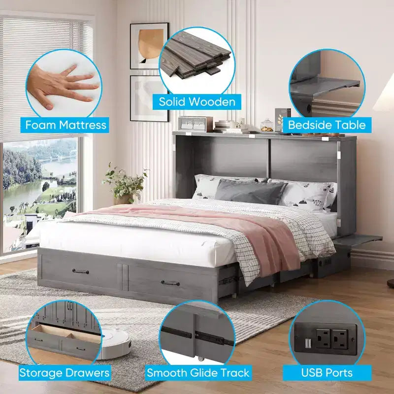 Mjkone Queen Murphy Bed with Mattress,Foldable Space-Saving Cube Cabinet Bed
