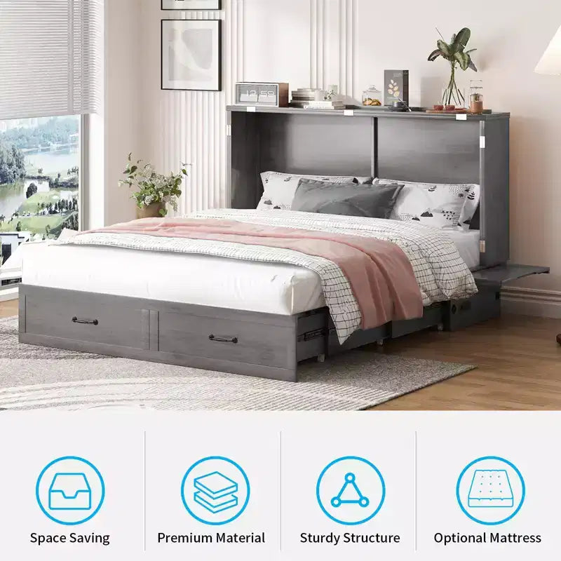 Mjkone Queen Murphy Bed with Mattress,Foldable Space-Saving Cube Cabinet Bed