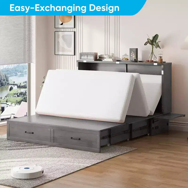 Mjkone Queen Murphy Bed with Mattress,Foldable Space-Saving Cube Cabinet Bed