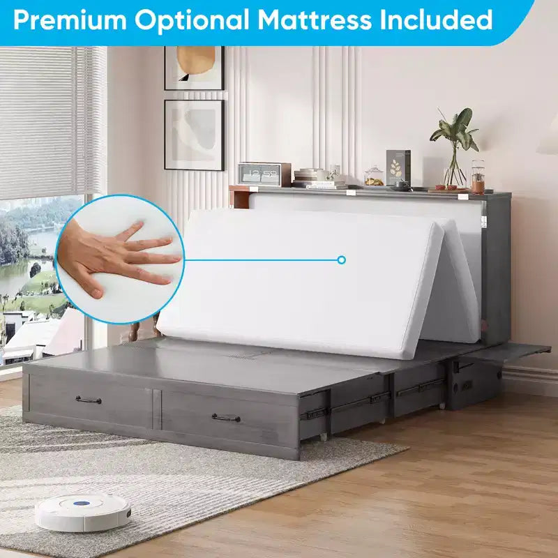 Mjkone Queen Murphy Bed with Mattress,Foldable Space-Saving Cube Cabinet Bed