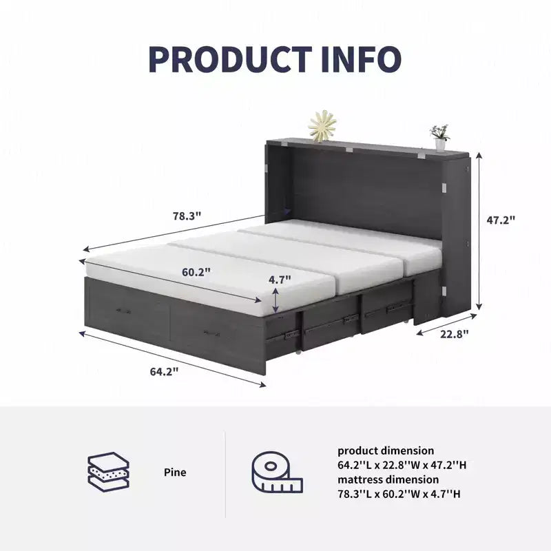 Mjkone Queen Murphy Bed with Mattress,Foldable Space-Saving Cube Cabinet Bed