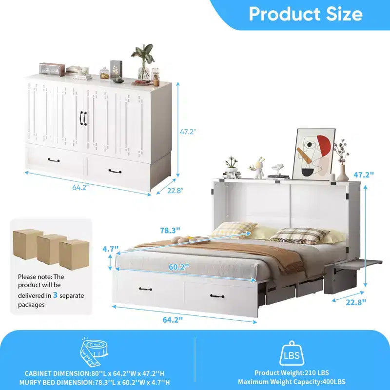 Mjkone Queen Murphy Bed with Mattress,Foldable Space-Saving Cube Cabinet Bed