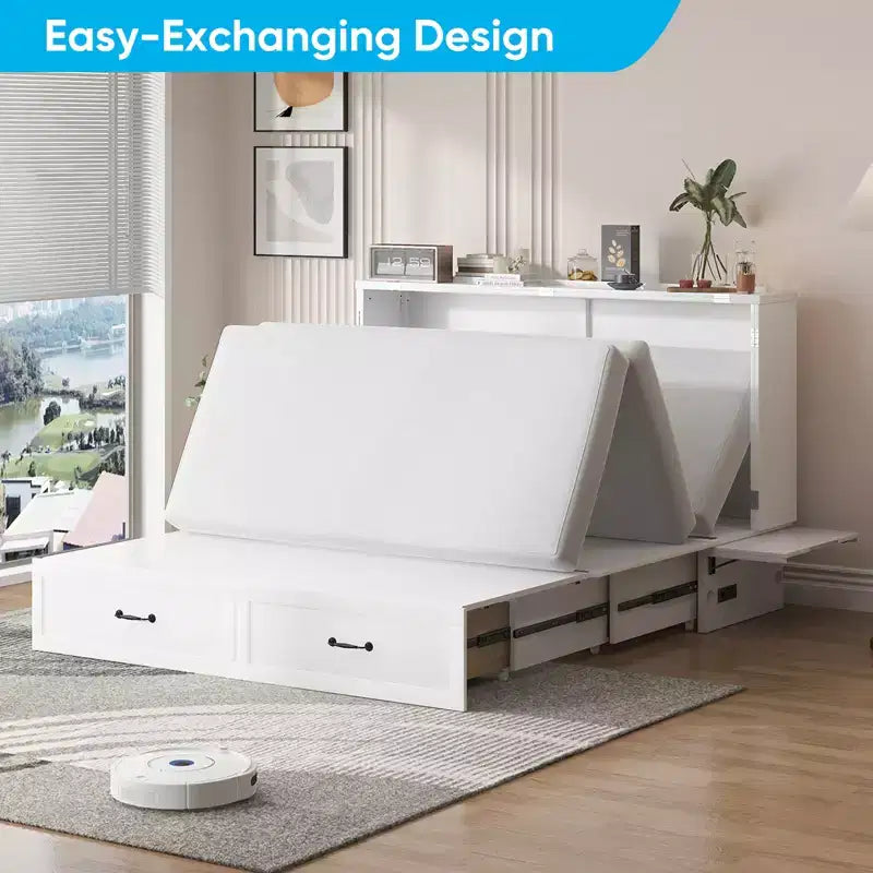 Mjkone Queen Murphy Bed with Mattress,Foldable Space-Saving Cube Cabinet Bed