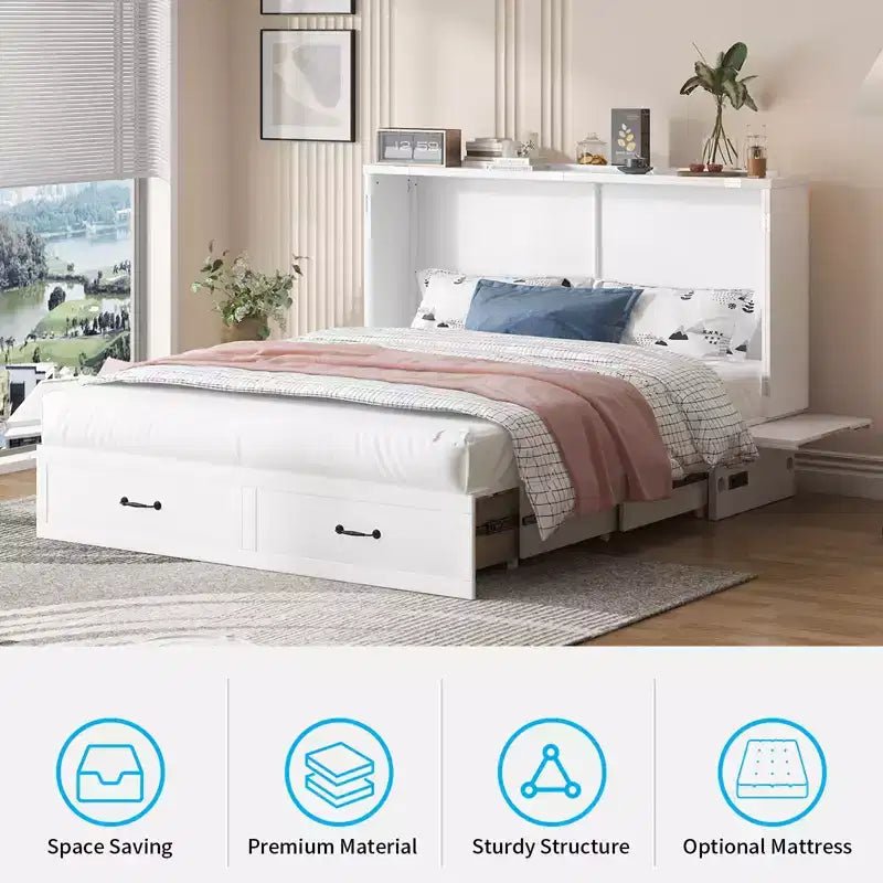 Mjkone Queen Murphy Bed with Mattress,Foldable Space-Saving Cube Cabinet Bed