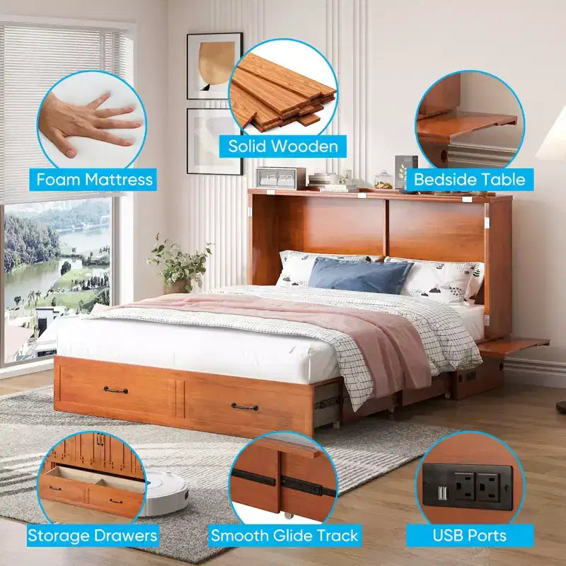 Mjkone Queen Murphy Bed with Mattress,Foldable Space-Saving Cube Cabinet Bed