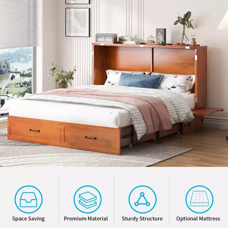 Mjkone Queen Murphy Bed with Mattress,Foldable Space-Saving Cube Cabinet Bed