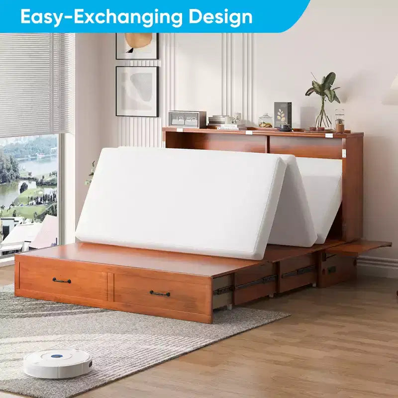 Mjkone Queen Murphy Bed with Mattress,Foldable Space-Saving Cube Cabinet Bed