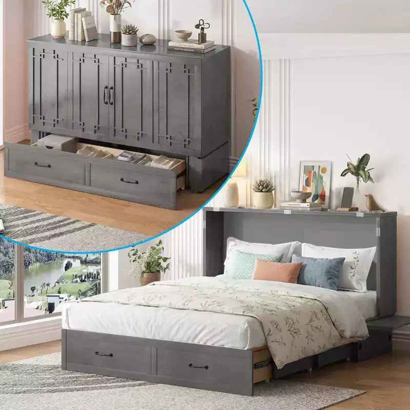 Mjkone Queen Murphy Bed with Mattress,Foldable Space-Saving Cube Cabinet Bed