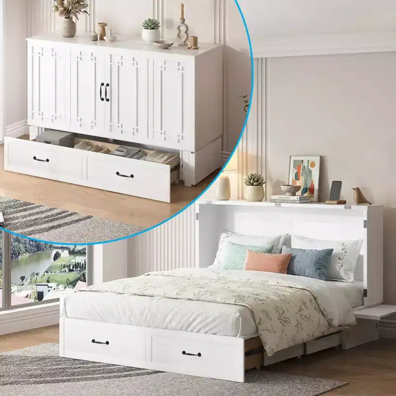 Mjkone Queen Murphy Bed with Mattress,Foldable Space-Saving Cube Cabinet Bed