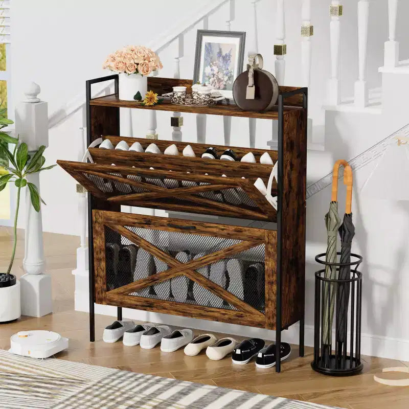 Chic Crate-2-Drawer Flip-Top Shoe Cabinet  Narrow | Entryway | Metal Legs | Rustic Brown | 31.5inx8.5inx39.5in
