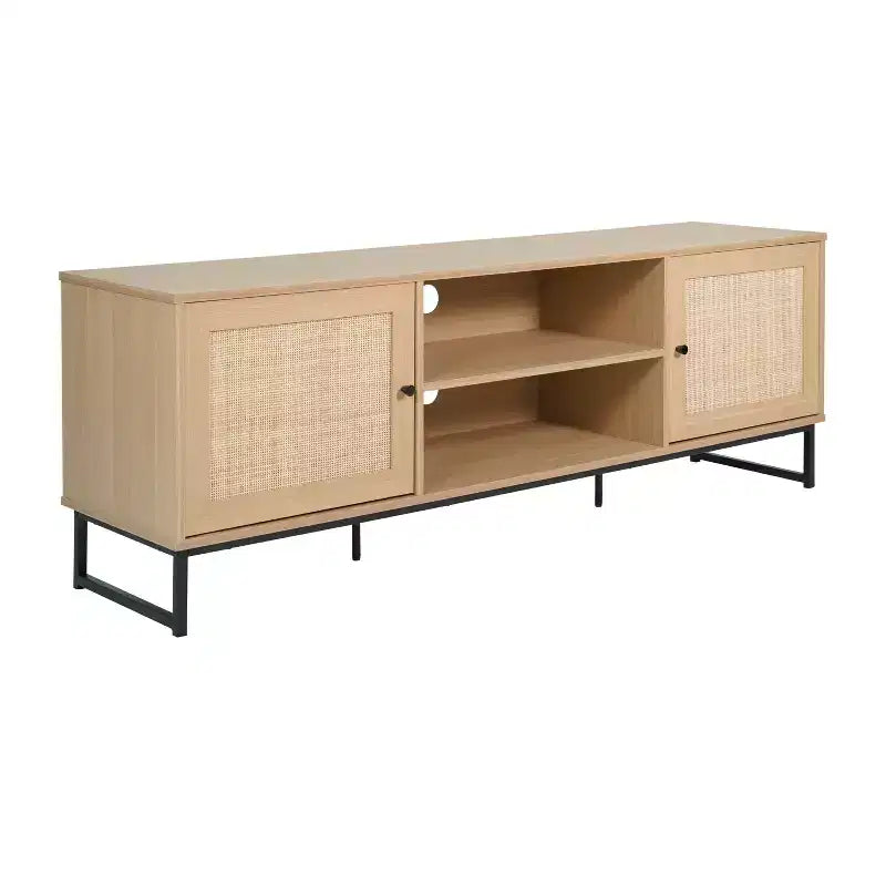Flash Furniture Malaki Mid-Century Modern 65 Inch TV Stand with 2 Rattan Soft Close Doors and Fixed Center Shelf, TV Stand for up to 70 TV's
